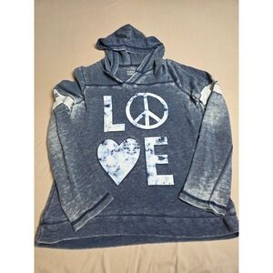 SO Perfect Hoodie Blue Acid Wash Love Peace Heart Soft Sweatshirt Large Size 16